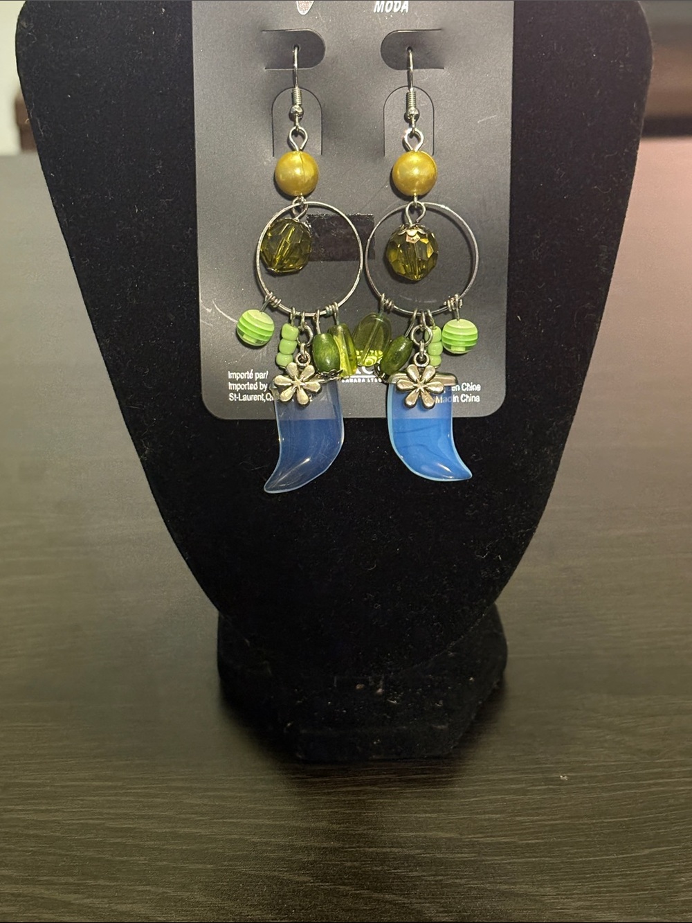 Blue and Green Cluster Dangle Earrings